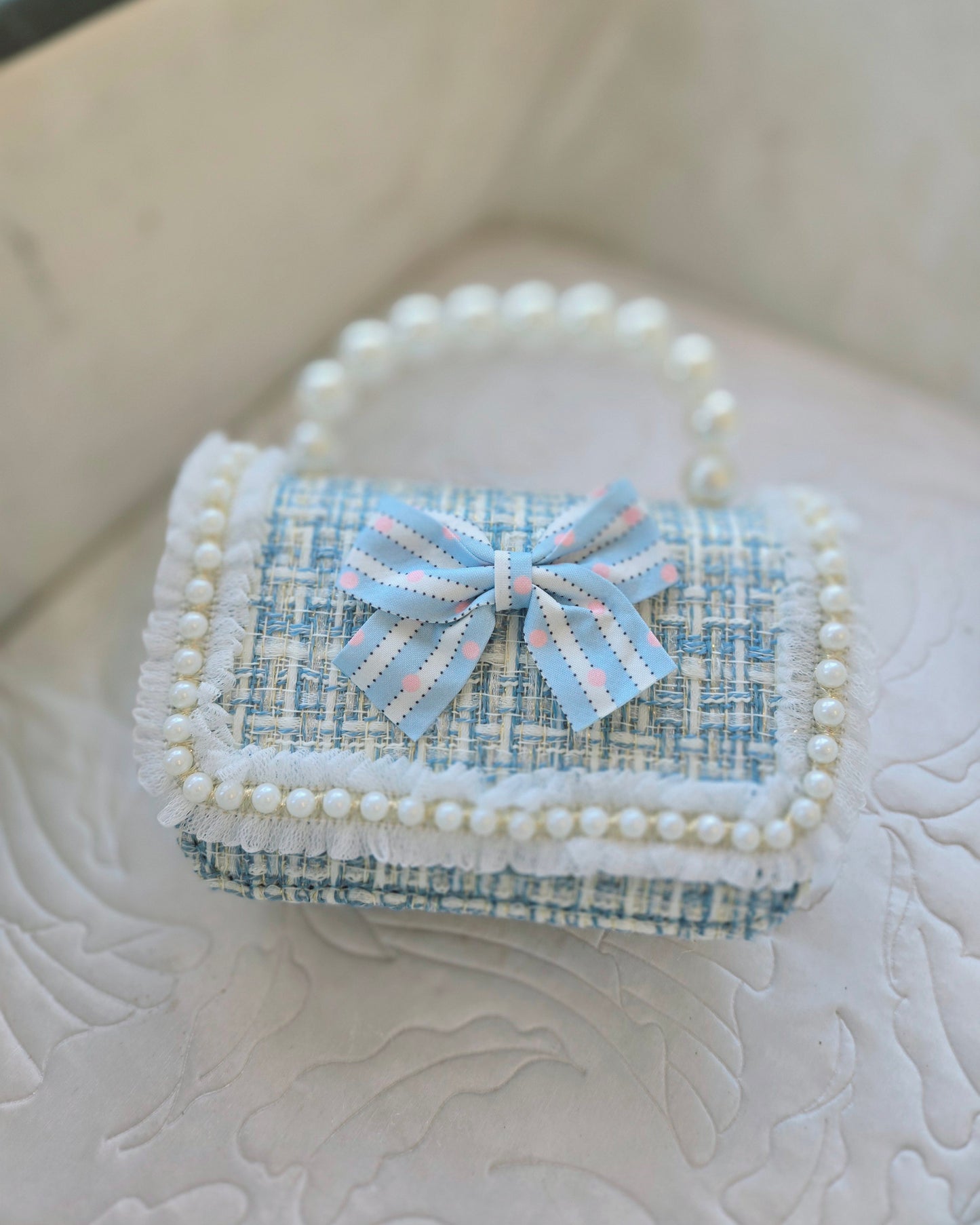 Blue Tweed Pearl Bow Purse