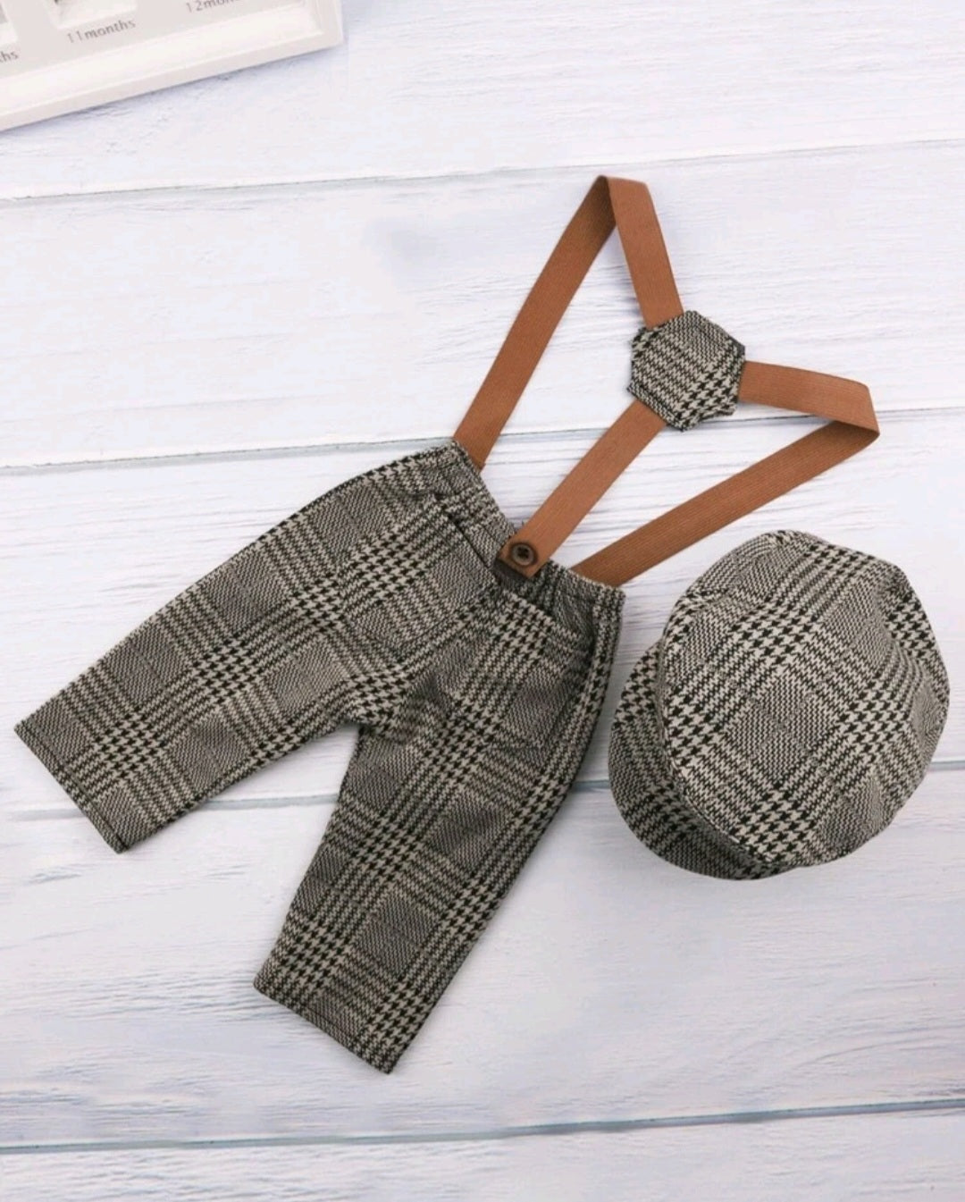 Plaid Suspenders with Hat Newborn Photo Prop