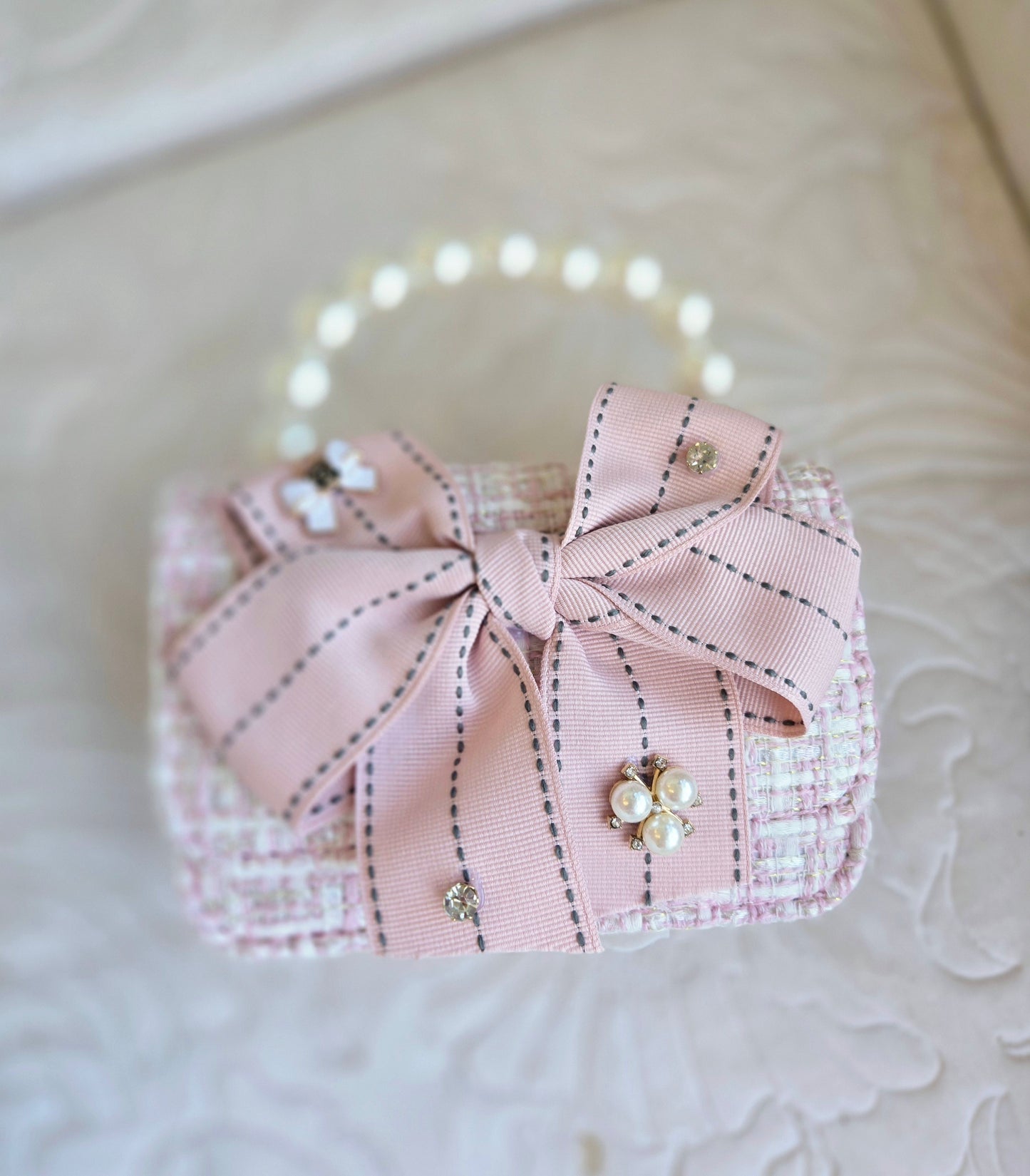 Pink Tweed Pearl Bow Purse