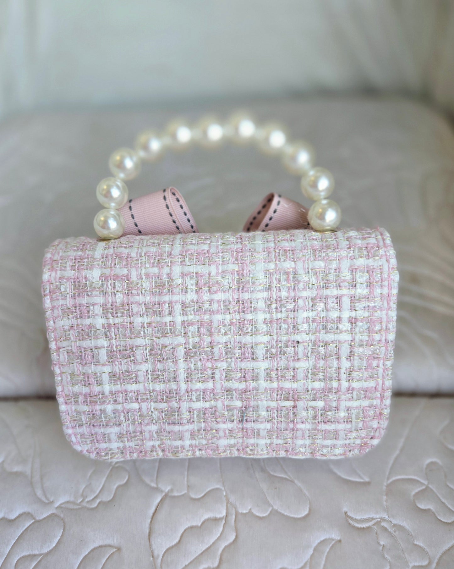 Pink Tweed Pearl Bow Purse