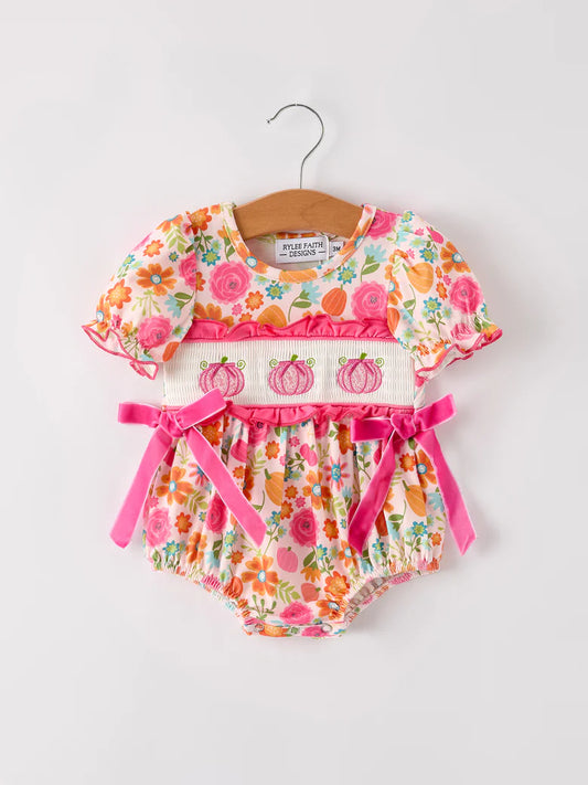 Floral Pumpkin Smocked Romper