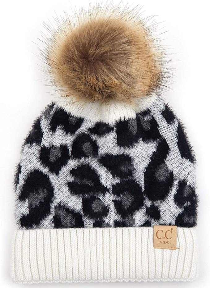 Kids Leopard Ivory Faux Fur Single Pom Beanie