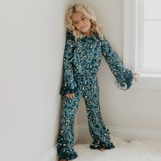 Blue Leopard Print Hooded Ruffle Pocket Lounge Set