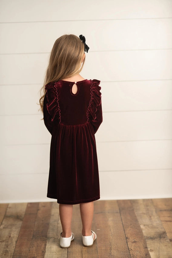 Holiday Burgundy Wine Velvet Bow Ruffle Dress