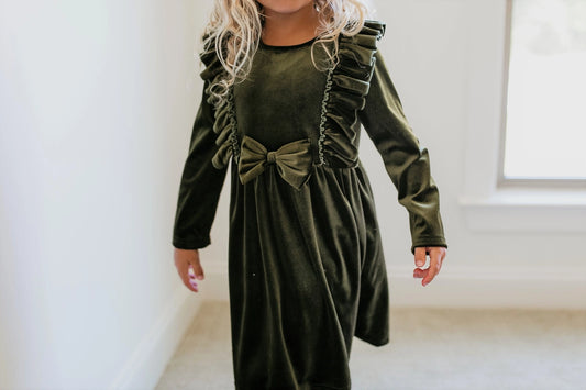 Holiday Moss Velvet Bow Ruffle Dress