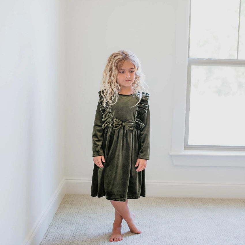 Holiday Moss Velvet Bow Ruffle Dress