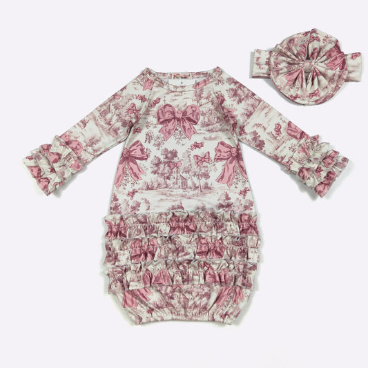 Mauve Toile Baby Gown + Bow