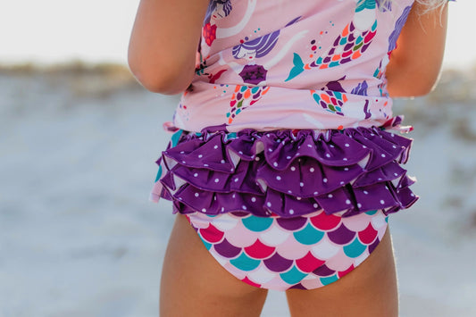 Purple Mermaid Rash Guard Ruffle Swimsuit