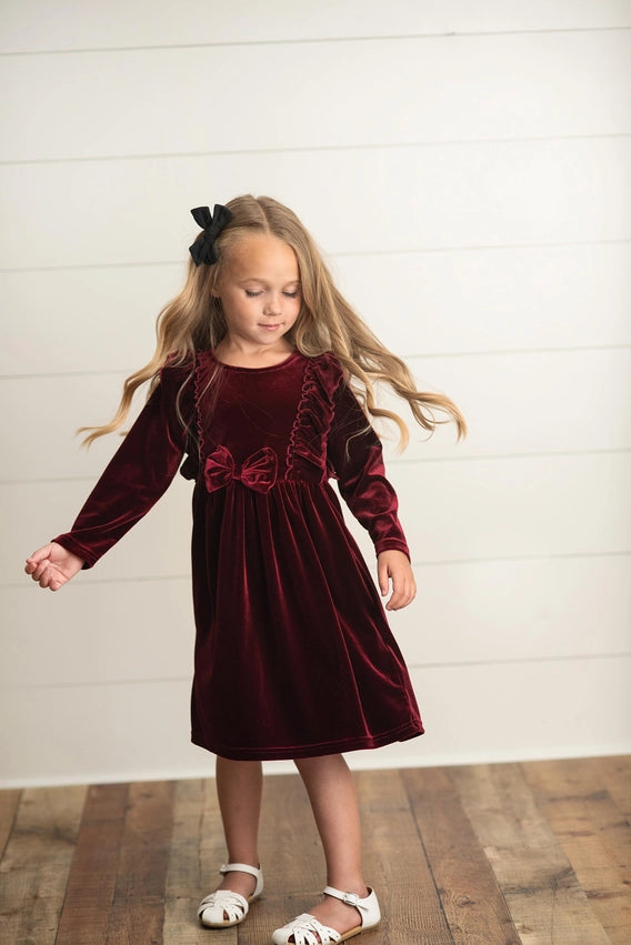 Holiday Burgundy Wine Velvet Bow Ruffle Dress