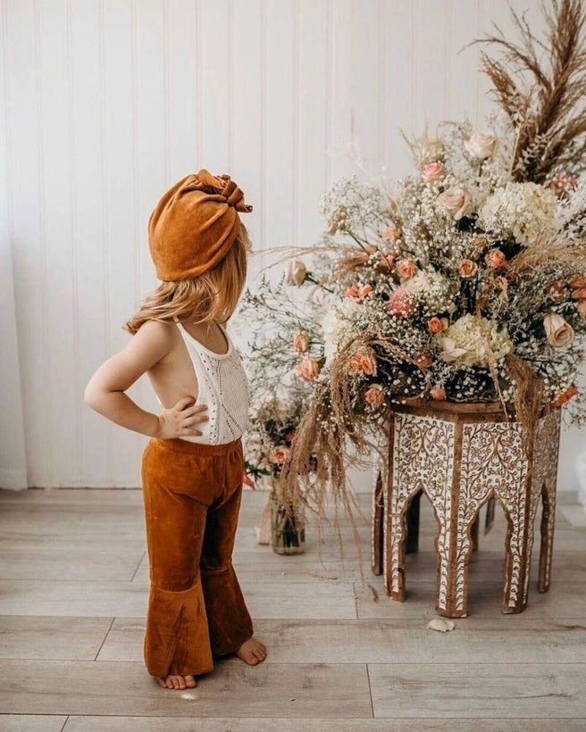 Lina Pleated Velour Bell Bottoms - Camel