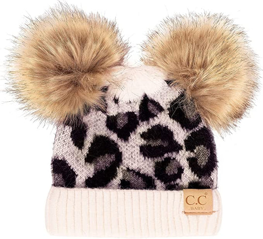 Leopard Ivory Baby Double Pom Beanie