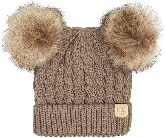 Kids Taupe Faux Fur Double Pom Beanie