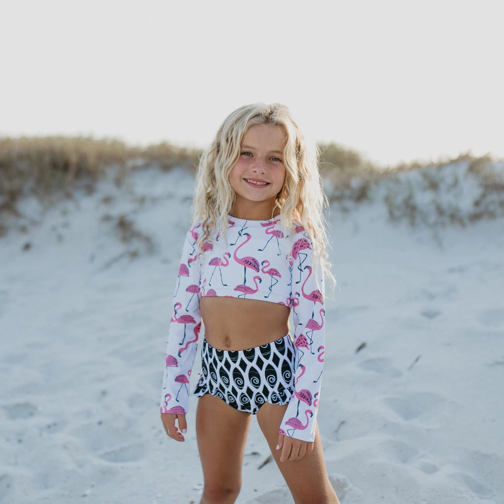 Pink & Black Flamingo 2 Piece Rash Guard Swimsuit