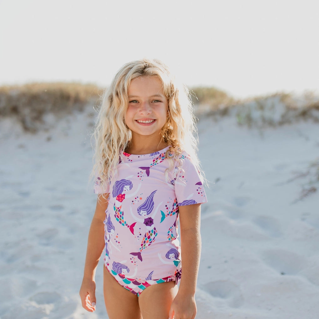 Purple Mermaid Rash Guard Ruffle Swimsuit