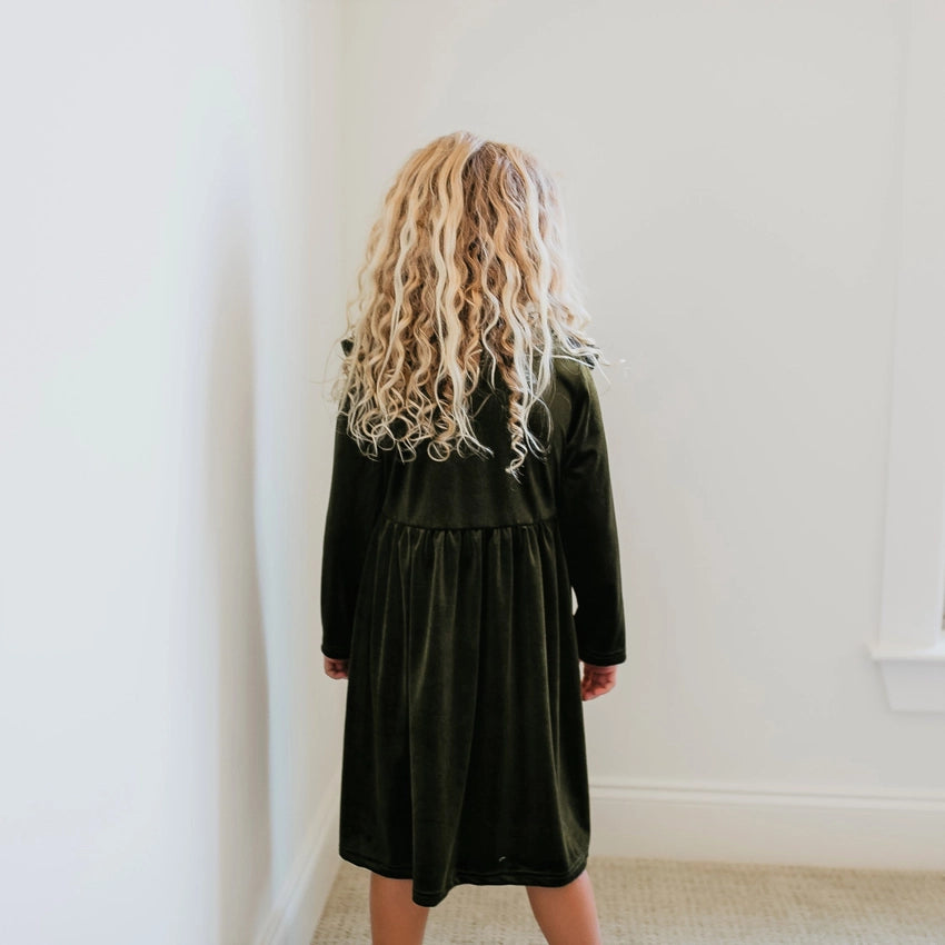 Holiday Moss Velvet Bow Ruffle Dress