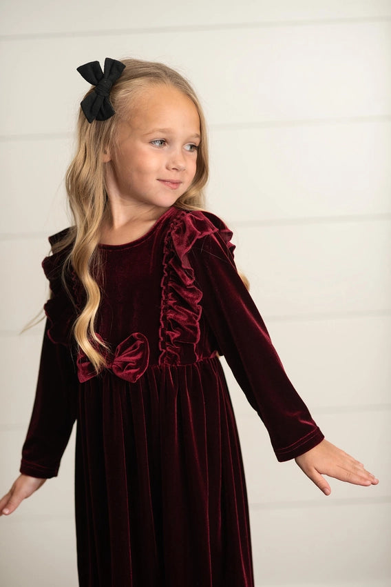 Holiday Burgundy Wine Velvet Bow Ruffle Dress