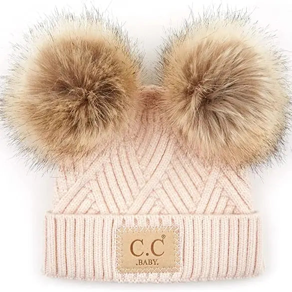 Light Beige Baby Double Pom Beanie