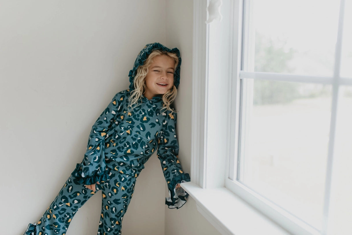 Blue Leopard Print Hooded Ruffle Pocket Lounge Set