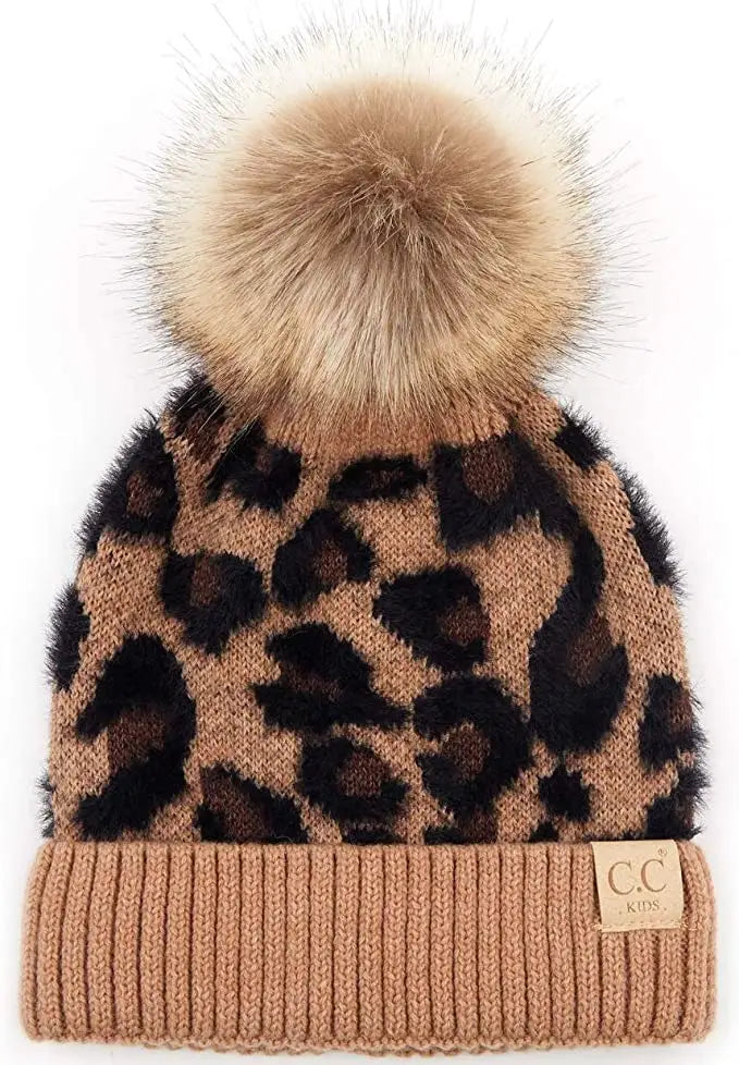 Kids Leopard Faux Fur Single Pom Beanie