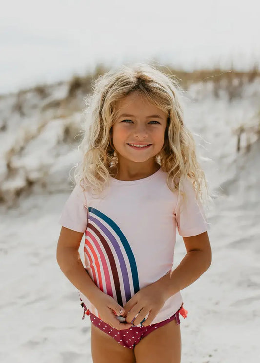 Pink & Purple Rainbow Rash Guard Ruffle Swimsuit