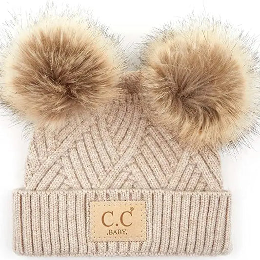 Beige Baby Double Pom Beanie