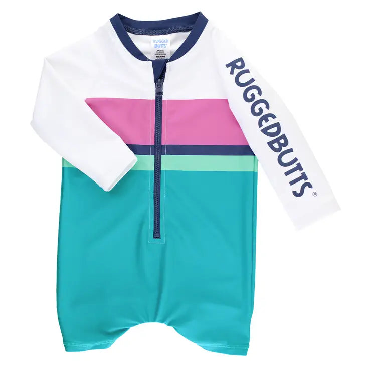 Aqua Color Block Long Sleeve One Piece Rash Guard