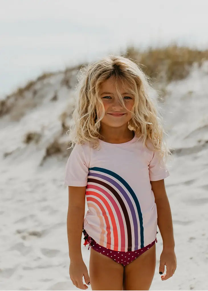 Pink & Purple Rainbow Rash Guard Ruffle Swimsuit